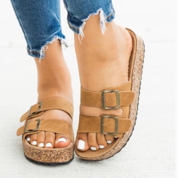 Shoes - Tan Double Buckle Cork Platform Slip On Casual Summer Bohemian Sandals